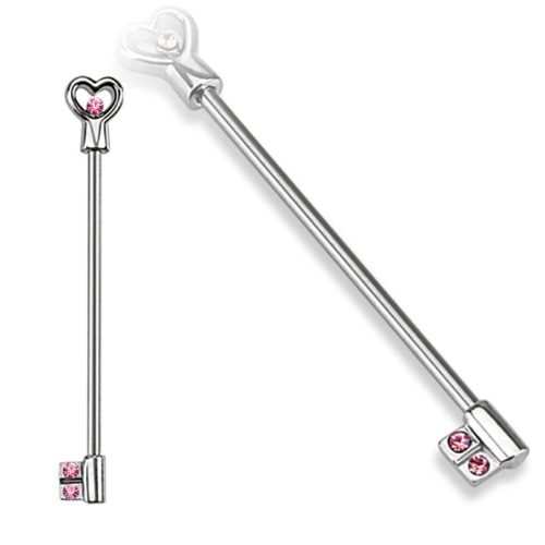 Industrial piercing, kulcs mintával (ezüst szín, pink kő)