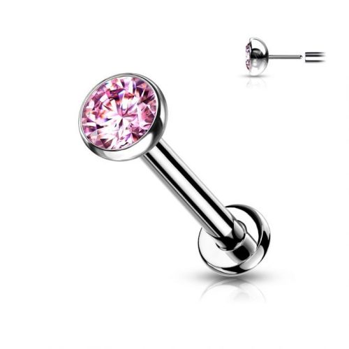 Push-in titán labret 6mm (ezüst színű, pink kővel)