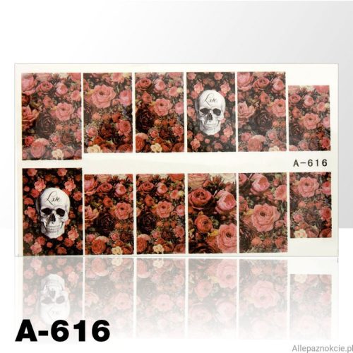 Akril hatású matrica - koponya, rózsák - A616