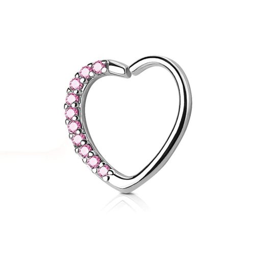 Szív alakú fülpiercing kristállyal (ezüst színben, pink kővel)