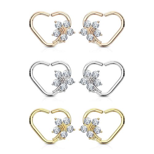 Szív alakú fülpiercing virággal (ezüst színben)